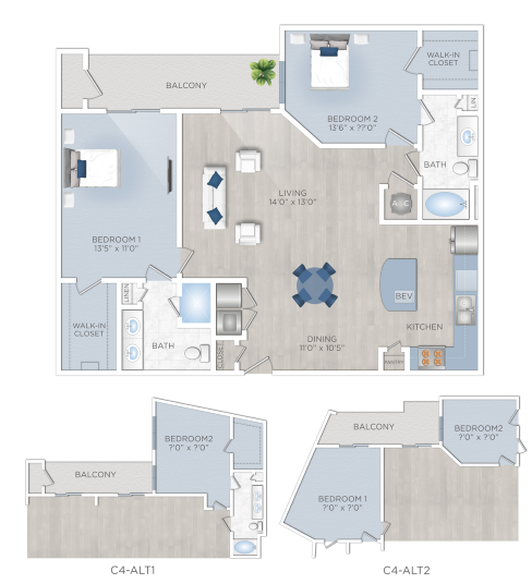 Floor plan for 2 beds, 2 baths, 1333 sqft